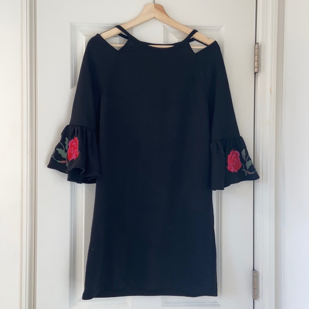 Francesca's Black Embroidered Bell Sleeve Cold Shoulder Shift Dress